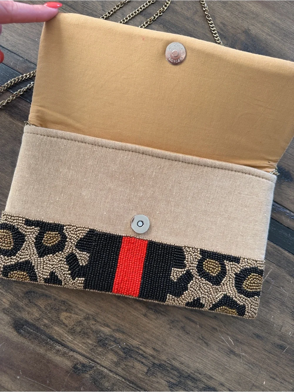 Leopard Beaded Clutch with Embroidered Bee and Red-Black Stripe